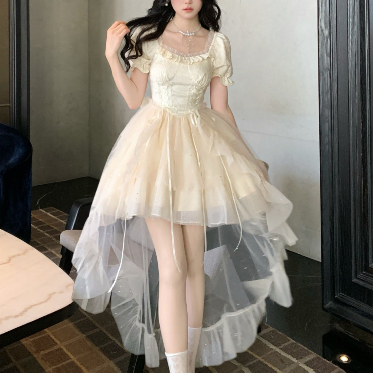 Puffy Sequined Ball Gown With A Large Bow Jacquard Design And A Trailing Skirt