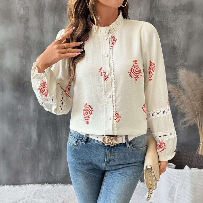 Stand Collar Ethnic Print Shirt For Women