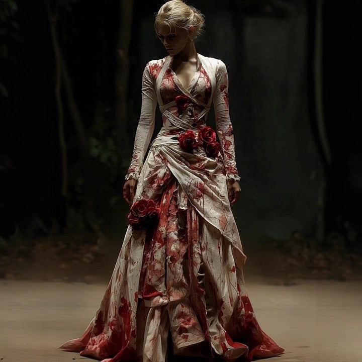 Fitted Waist Color-Block Long-Sleeve Dress