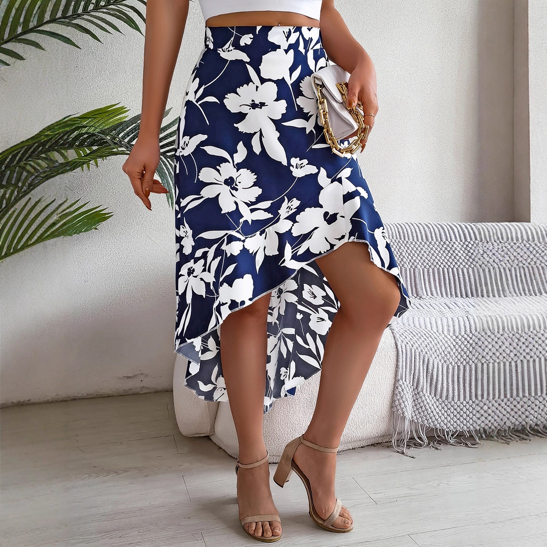 Elegant Flower Ruffled Mid-length Asymmetrical Skirt Women's Wear
