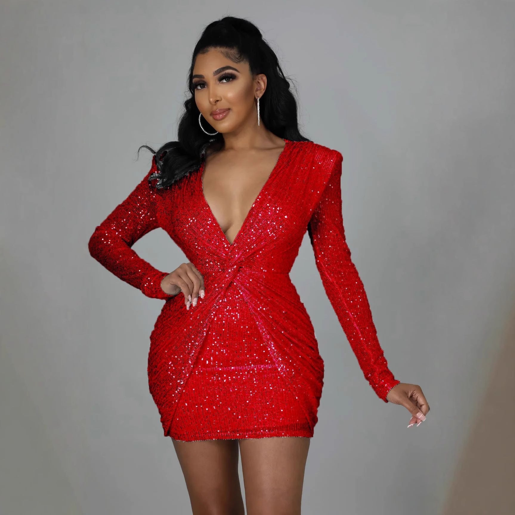 Womens Solid-Color Long-Sleeve Sheath Sequin Dress