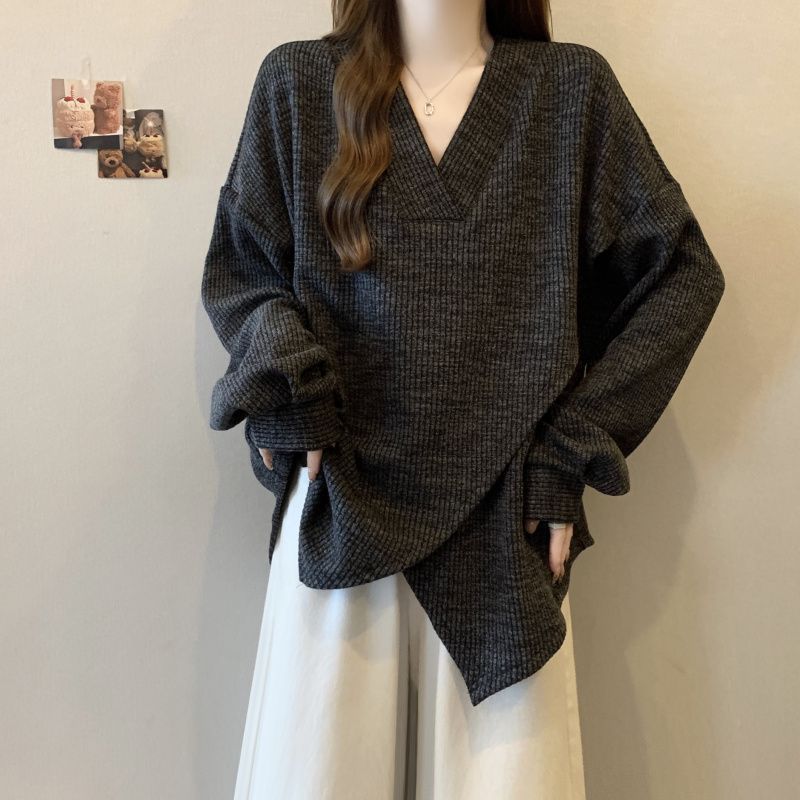 Textured Ribbed Cross-design Long-sleeve Top For Women