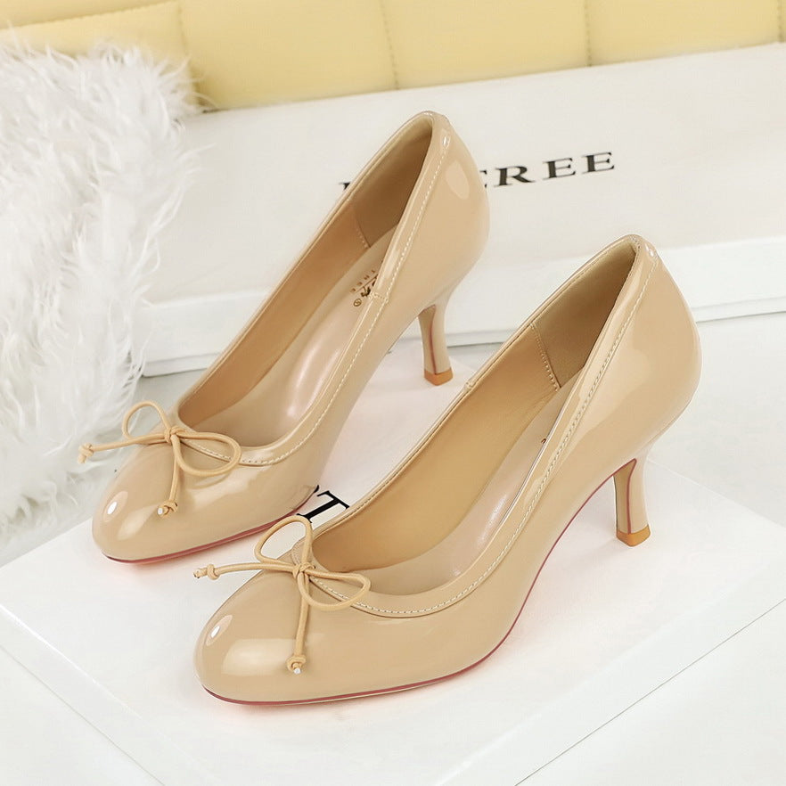 Bow-tie Round-toe High Heels Womens Low-cut Pumps