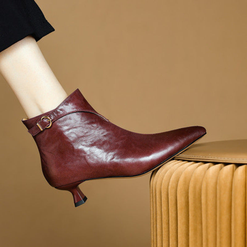 French-style Vintage Pointed-toe Mid-heel Ankle Boots For Women