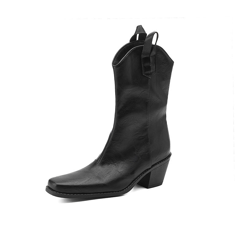 Retro Square-toe V-cut Mid-calf Boots With Chunky Heels