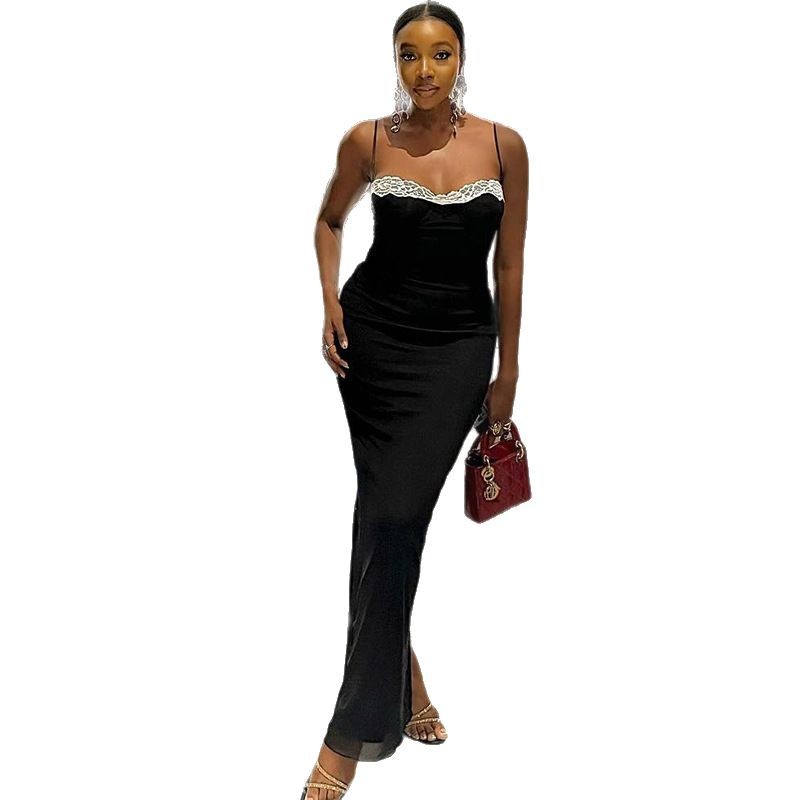 Spliced Backless Pleated Contrast-Color Dress