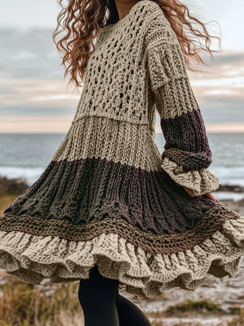 High-neck Dress Sweater With A Retro Cable-knit Design And Long Sleeves
