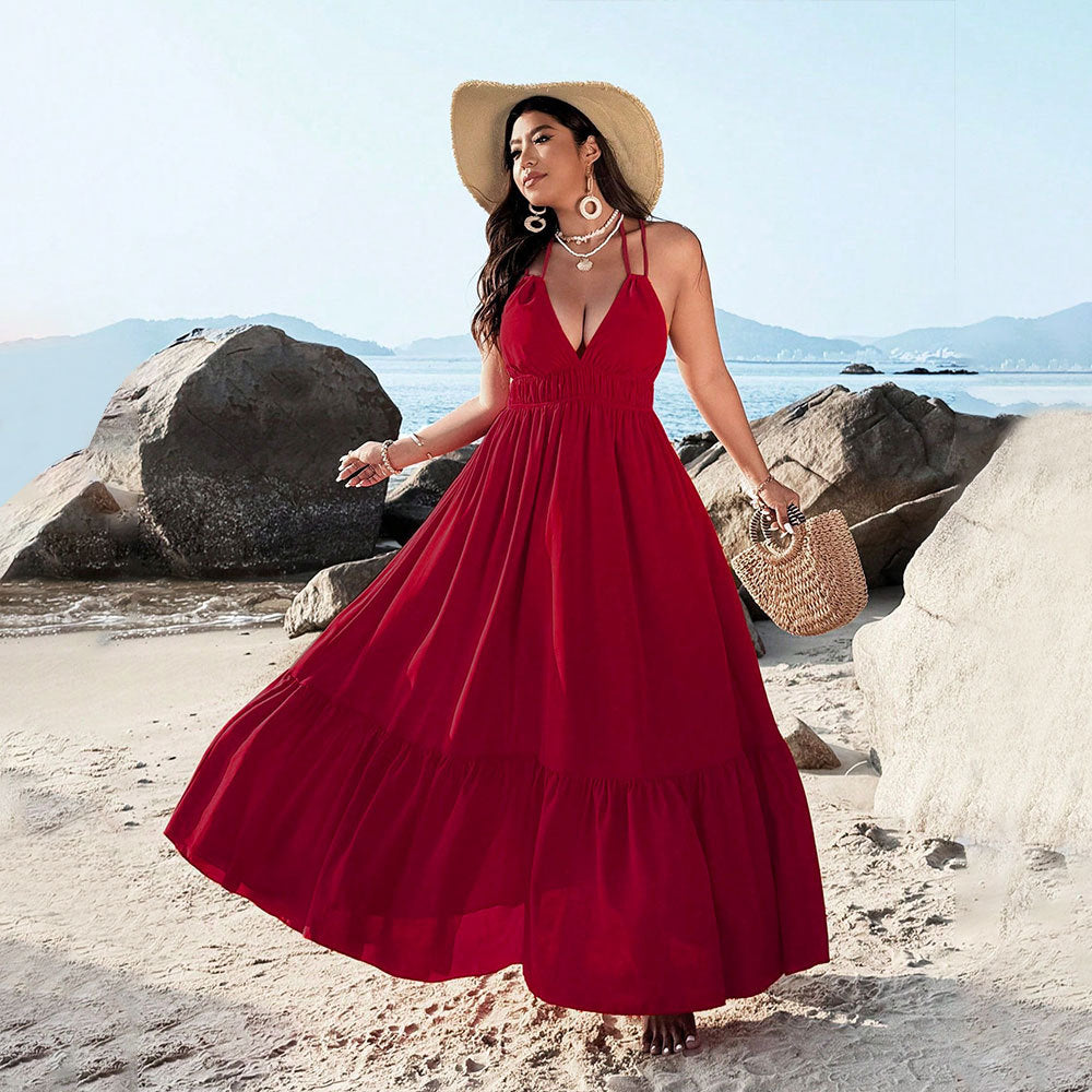 Seaside Vacation Slip Dress Summer V-Neck Backless Beach Maxi Dress
