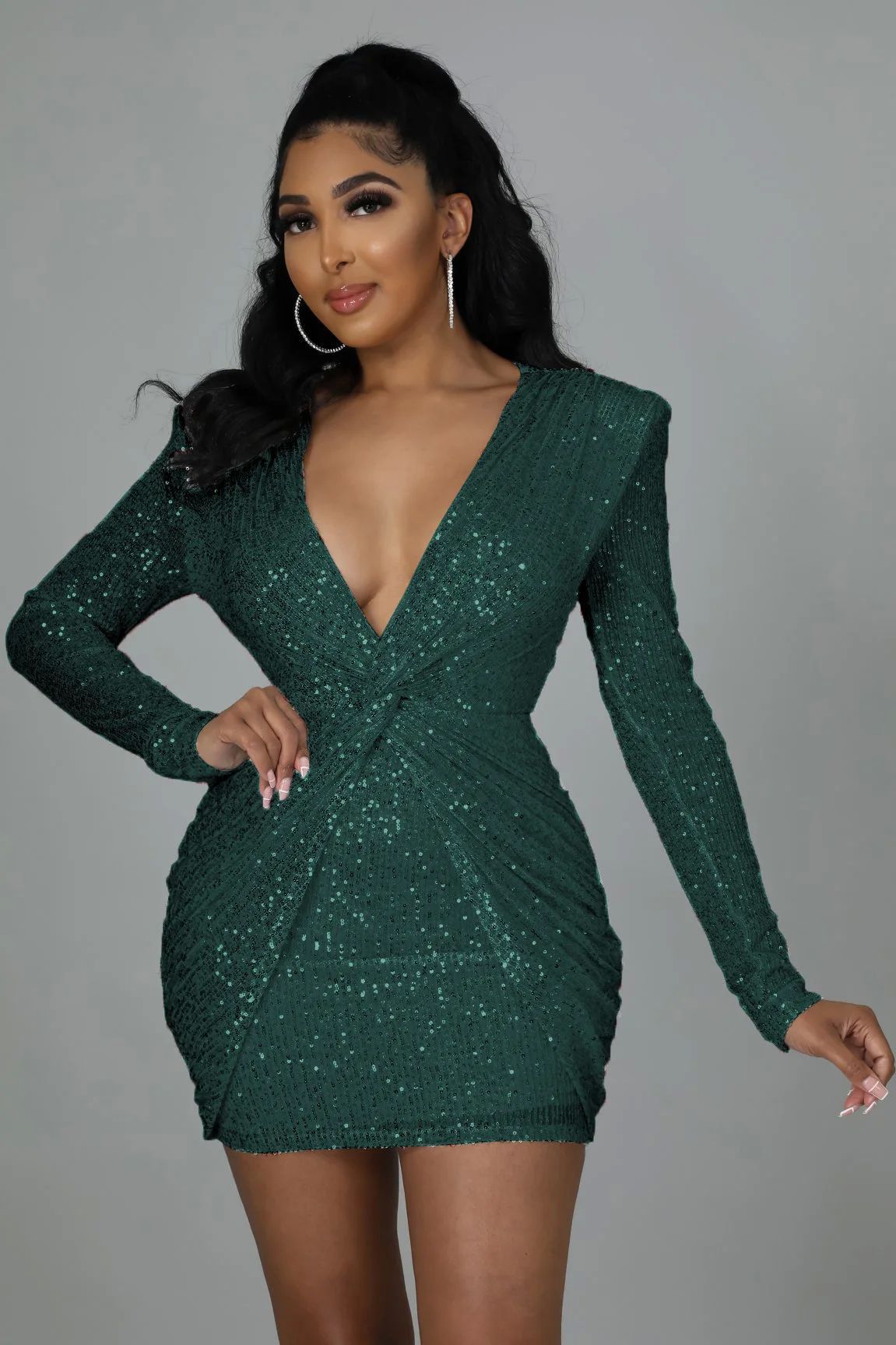 Womens Solid-Color Long-Sleeve Sheath Sequin Dress