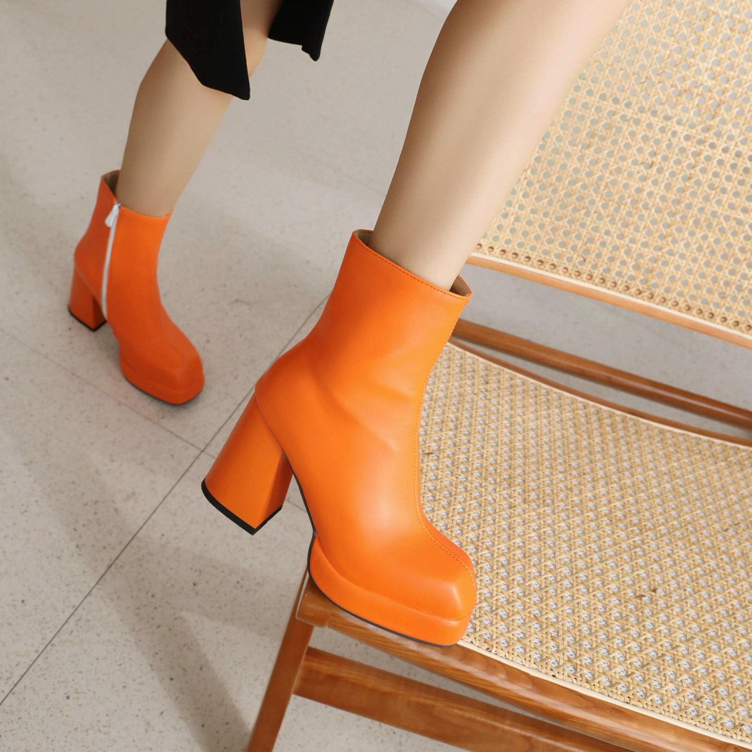 Womens Retro Chunky Heel Platform Side-Zip Ankle Boots