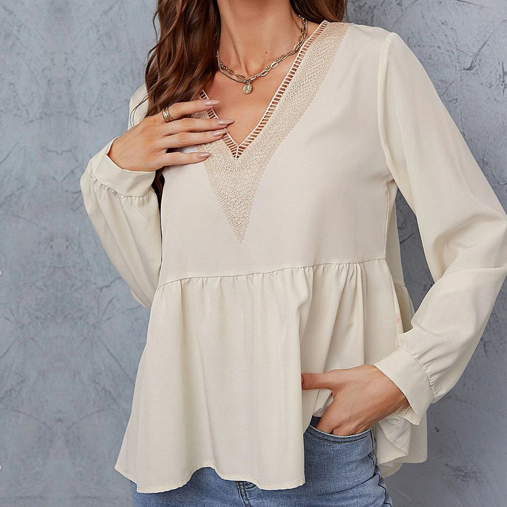 Women's Lace V-neck Loose Long Sleeve Top