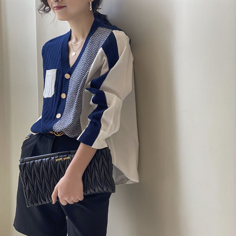 Irregular Shirt Stitching Knitted Cardigan Women