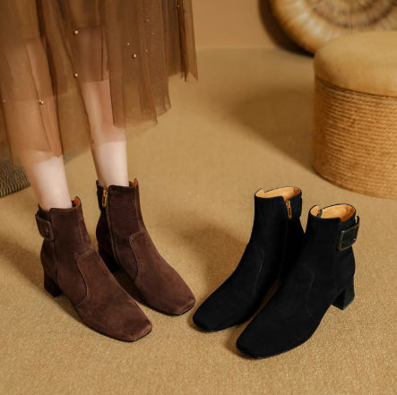 Retro-style Leather Belt Buckle Versatile Square-toe Chunky-heel Ankle Boots