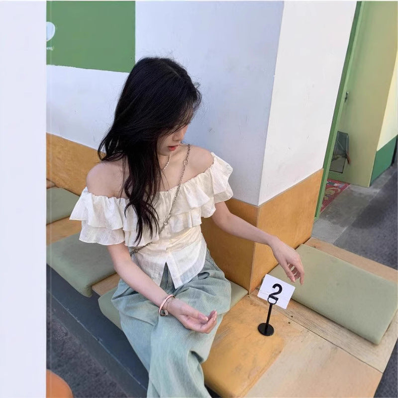 Women's One-shoulder Ruffled Short-sleeve Top