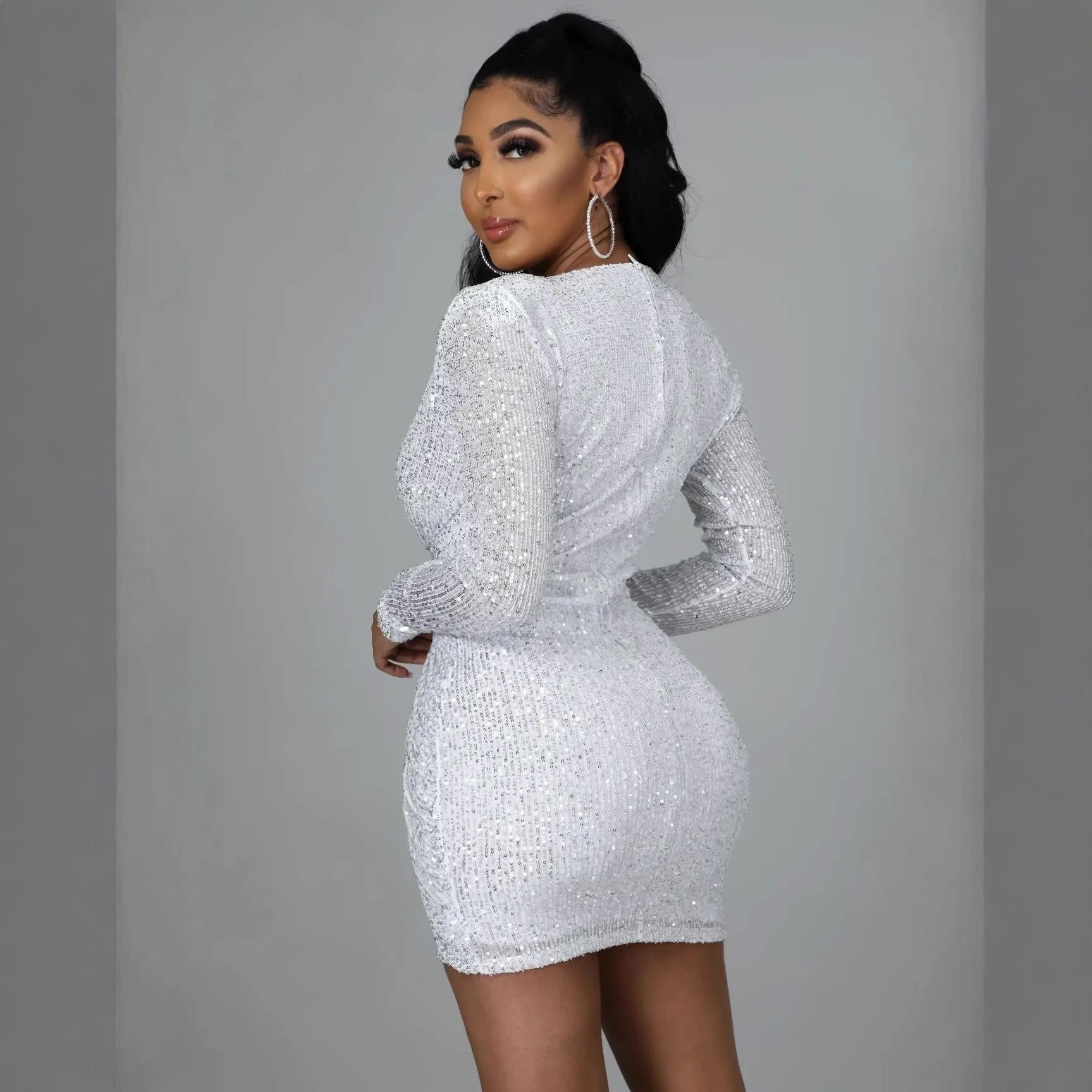 Womens Solid-Color Long-Sleeve Sheath Sequin Dress