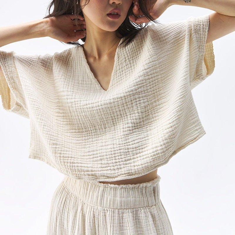 Female Simplicity Short Pure Cotton Gauze Casual Top