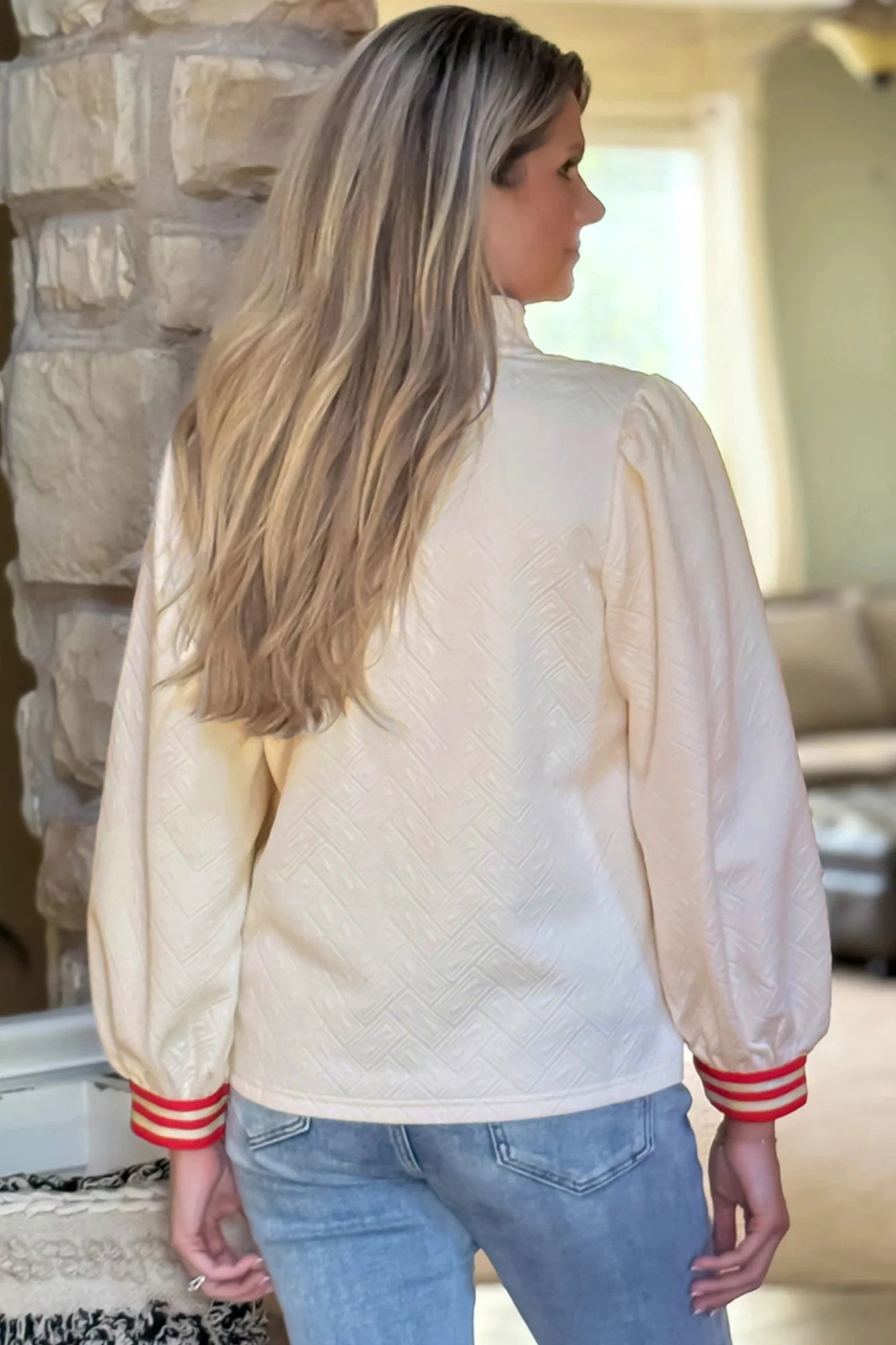 White Textured Knit Contrast-Striped Decorative Zip-Neck Pullover