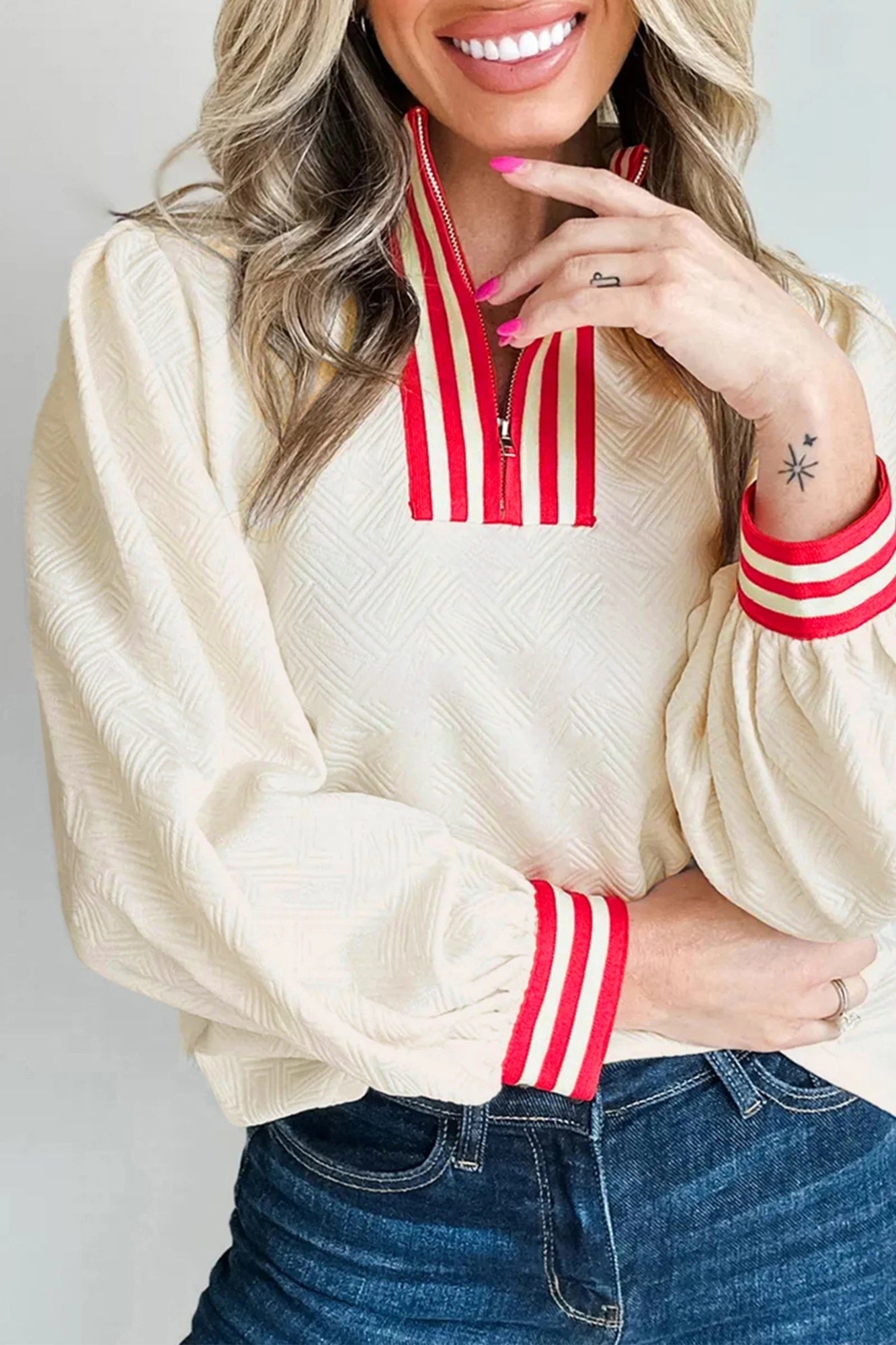 White Textured Knit Contrast-Striped Decorative Zip-Neck Pullover