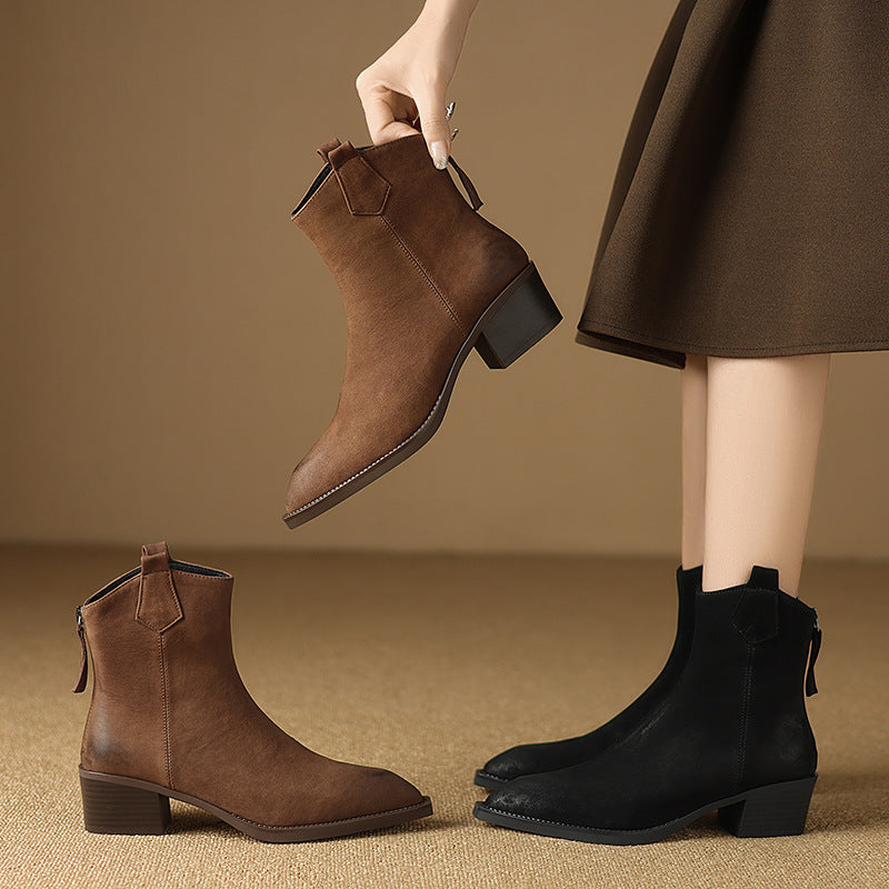 Women's Martin Boots Retro Light Brown Pointed Toe Chunky Heel Ankle Boots Winter New Style