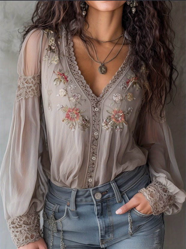 Lace-trimmed Casual Long-sleeved Shirt