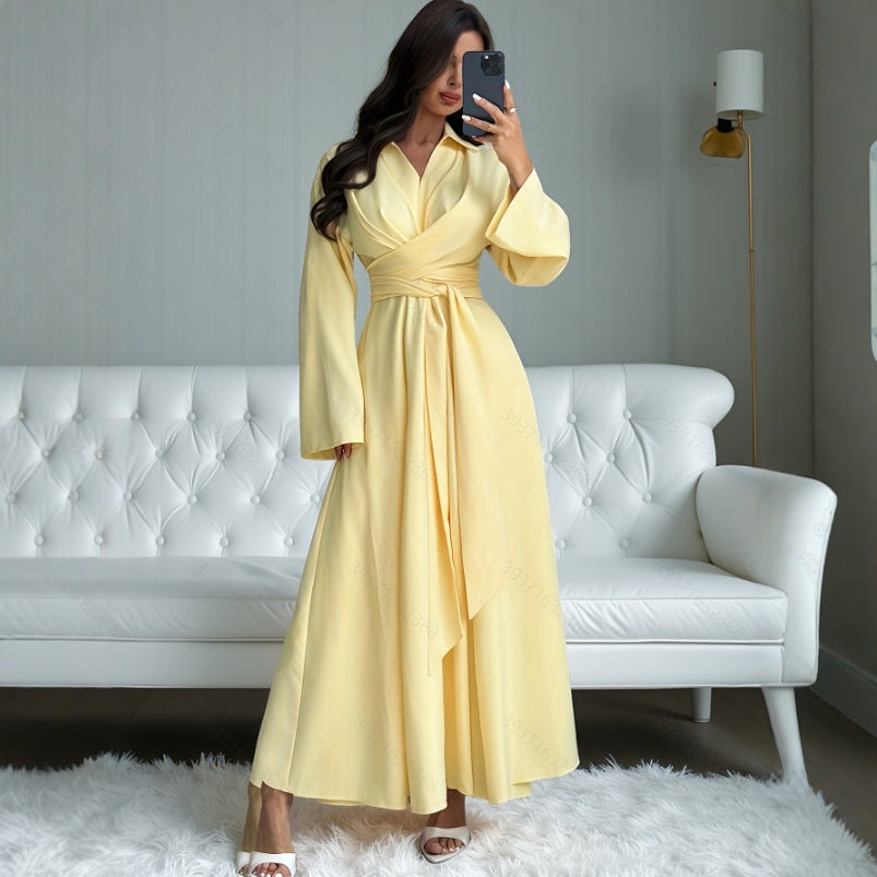 Long-sleeve V-neck A-line Dress With A Tie Waist