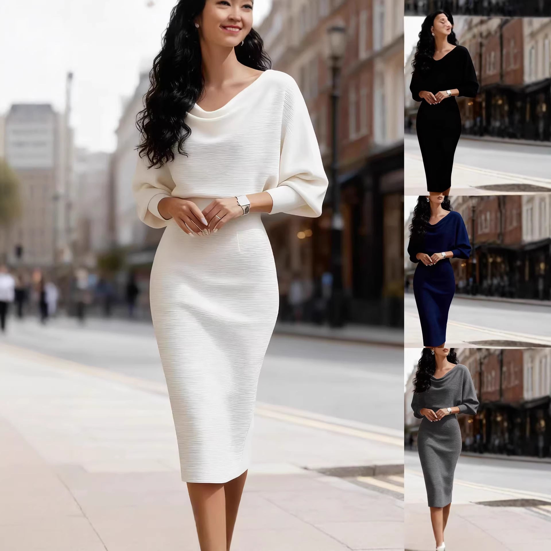 Womens Ribbed Crew-neck Batwing Long-sleeve Waist-cinching Dress