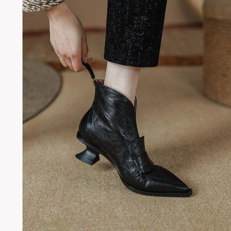 Womens French-style Vintage Pointed-toe Mid-heel Ankle Boots