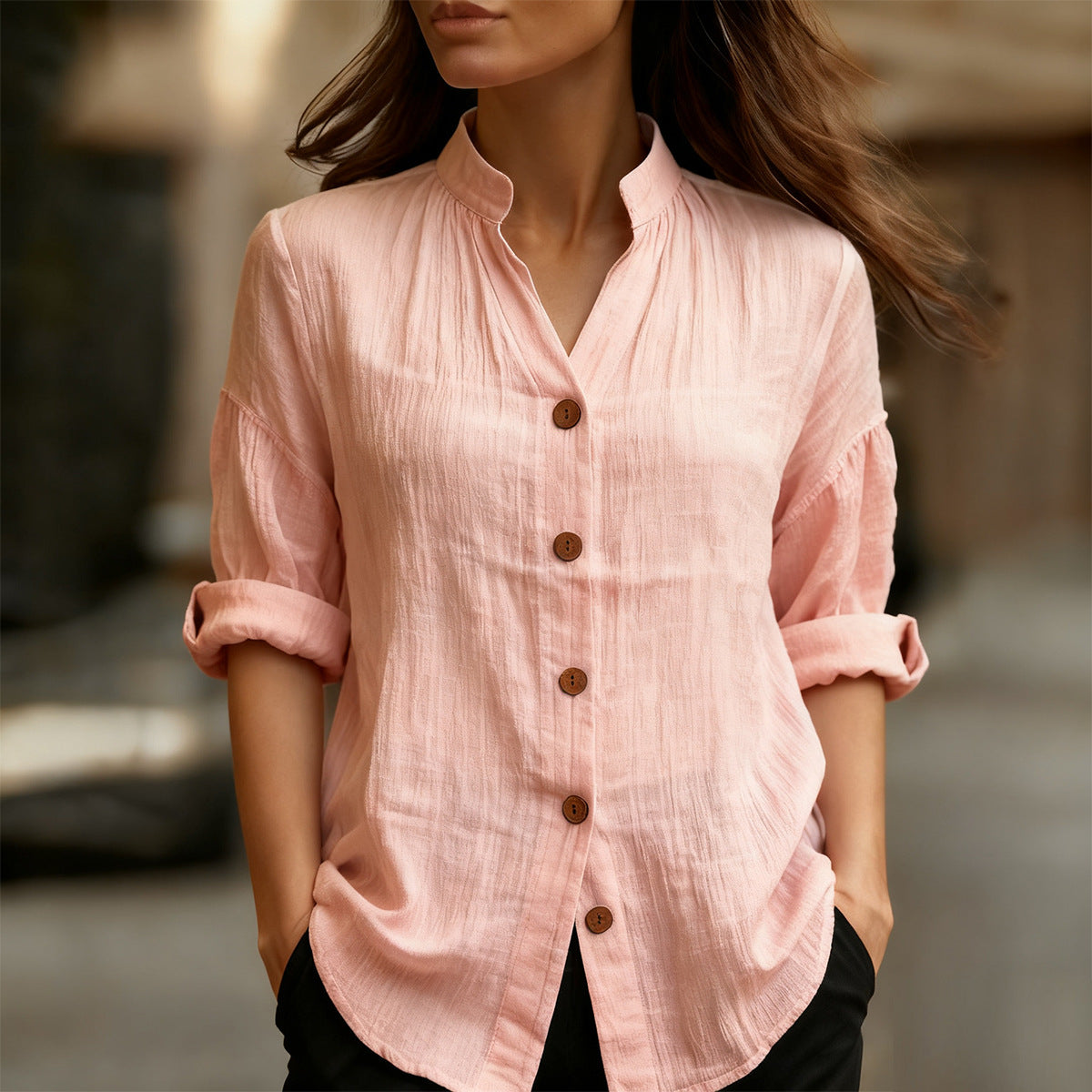 Spring And Summer Casual Solid Color Long Sleeve Button-up Shirt