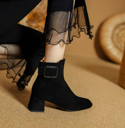 Retro-style Leather Belt Buckle Versatile Square-toe Chunky-heel Ankle Boots