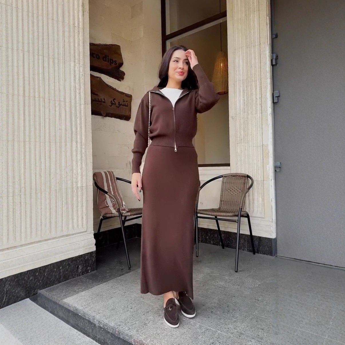 Elegant Long-sleeve Zip-front Waist-cinching Knit Sheath Dress For Women