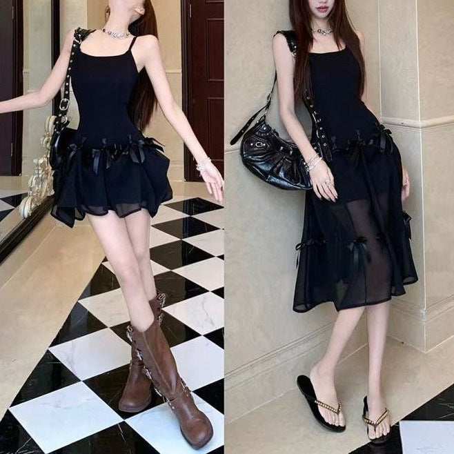 Solid-color Bow-neck Figure-flattering Slip Dress For Women