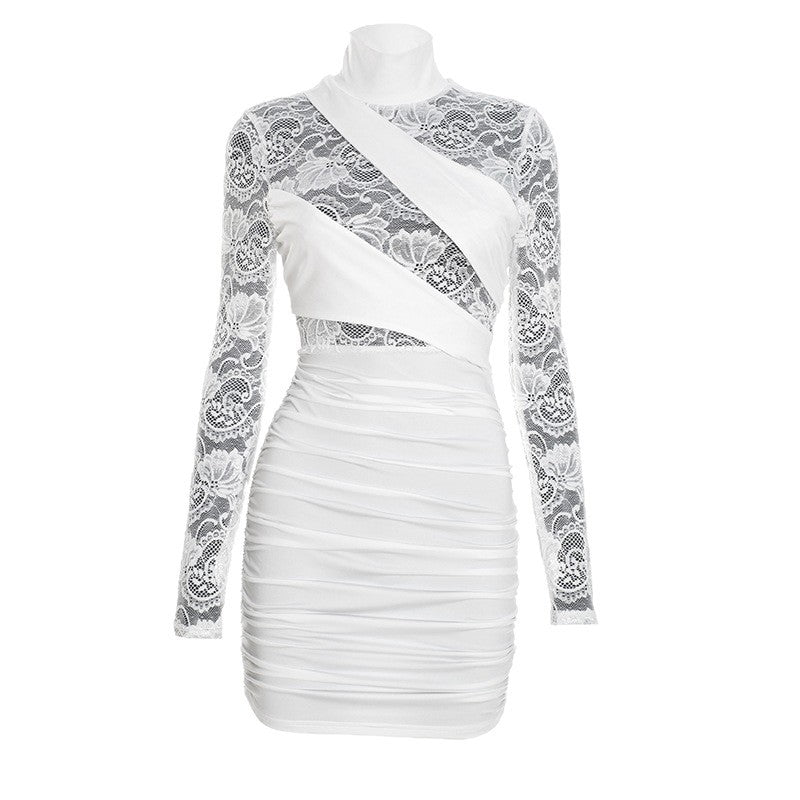 Womens Patchwork Lace Mock Neck Long-Sleeve Dress