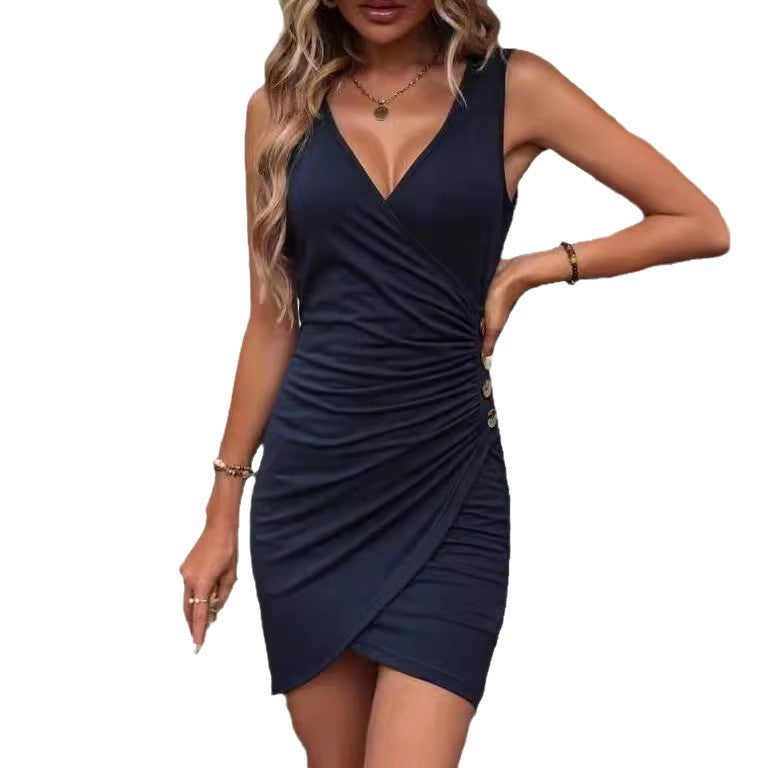 Female Solid Color Casual Ruched Deep-V Bodycon Skirt