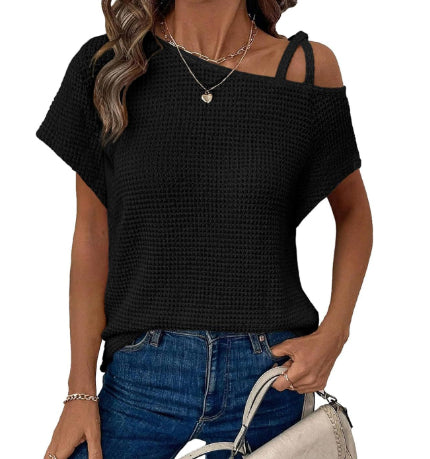 Women's Short-sleeved Solid Color Top Fashionable All-match Off-shoulder Knitted T-shirt