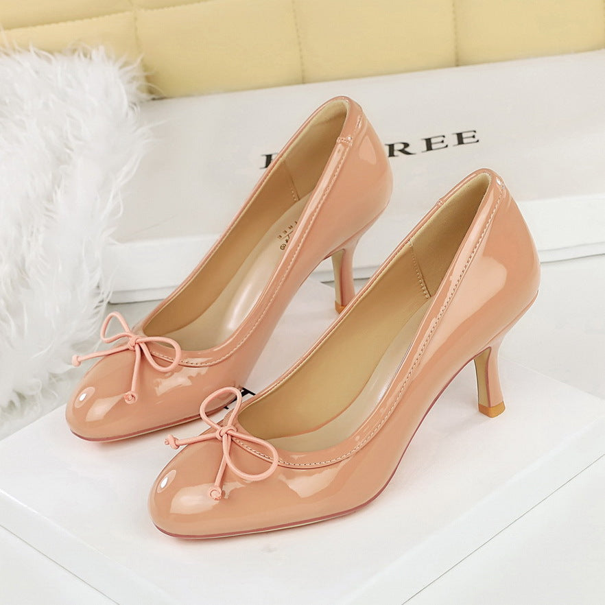 Bow-tie Round-toe High Heels Womens Low-cut Pumps