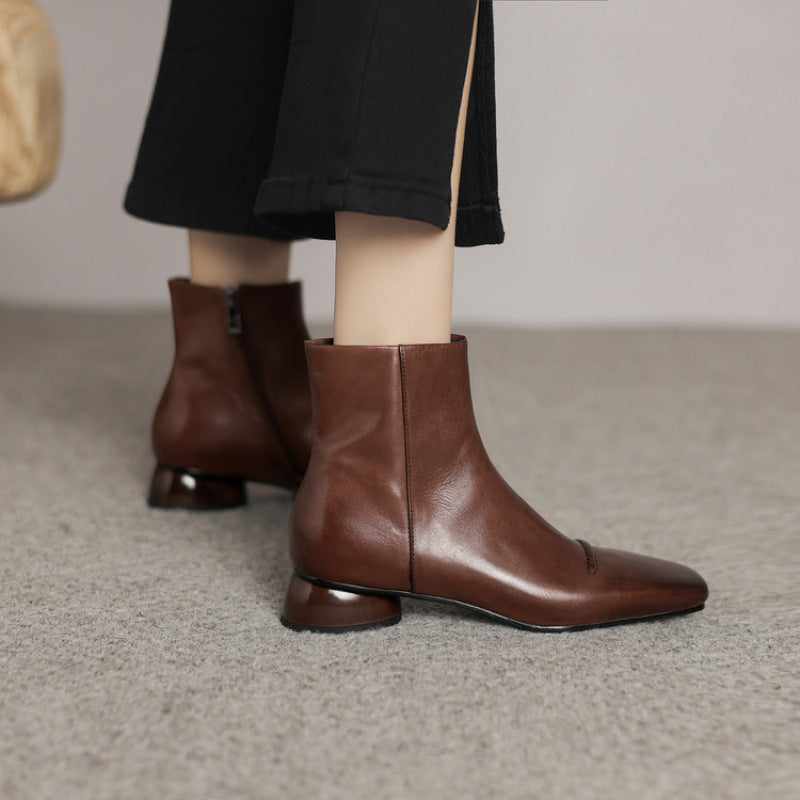 Women's Fashion Cowhide Shoes With A Square Toe, Side Zipper, And Chunky Mid-heel