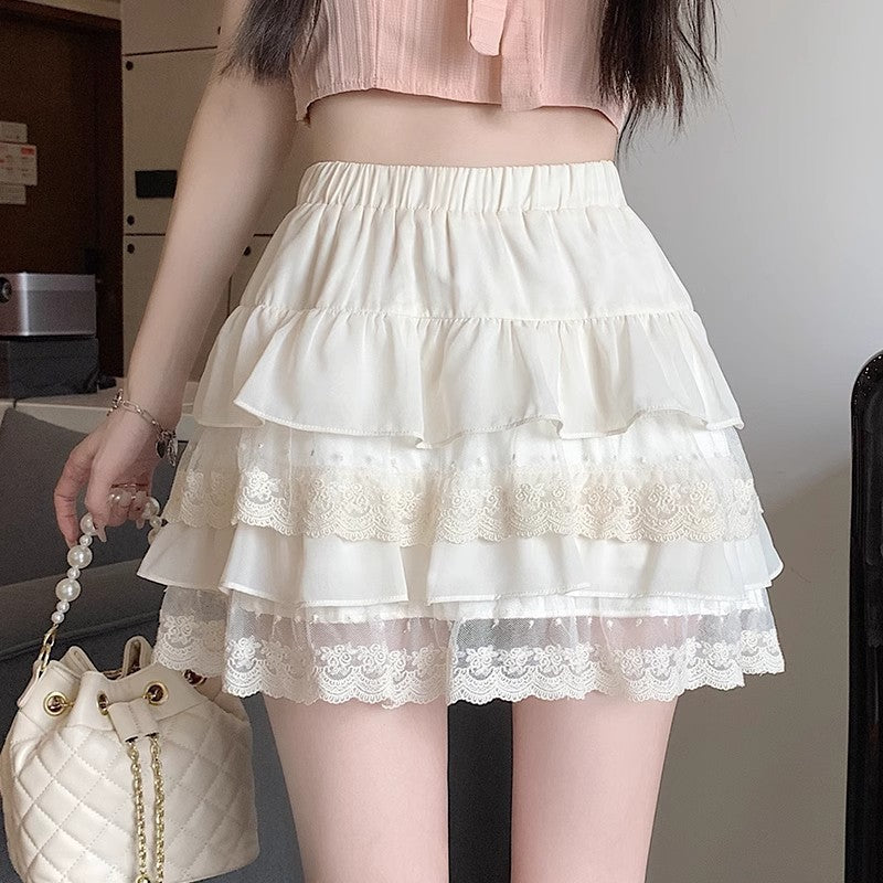 Lace-trimmed Cake-style Short Skirt For Women