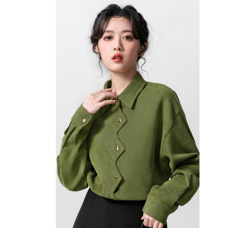 Womens Retro Polo-Neck Long-Sleeve Shirt