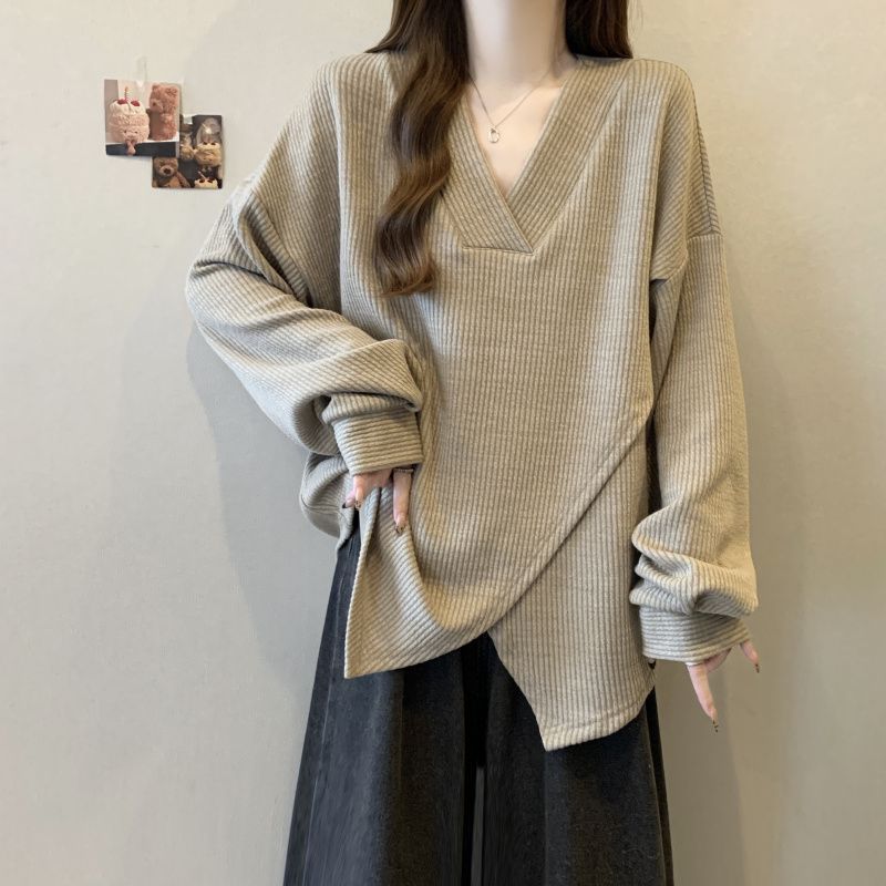 Textured Ribbed Cross-design Long-sleeve Top For Women