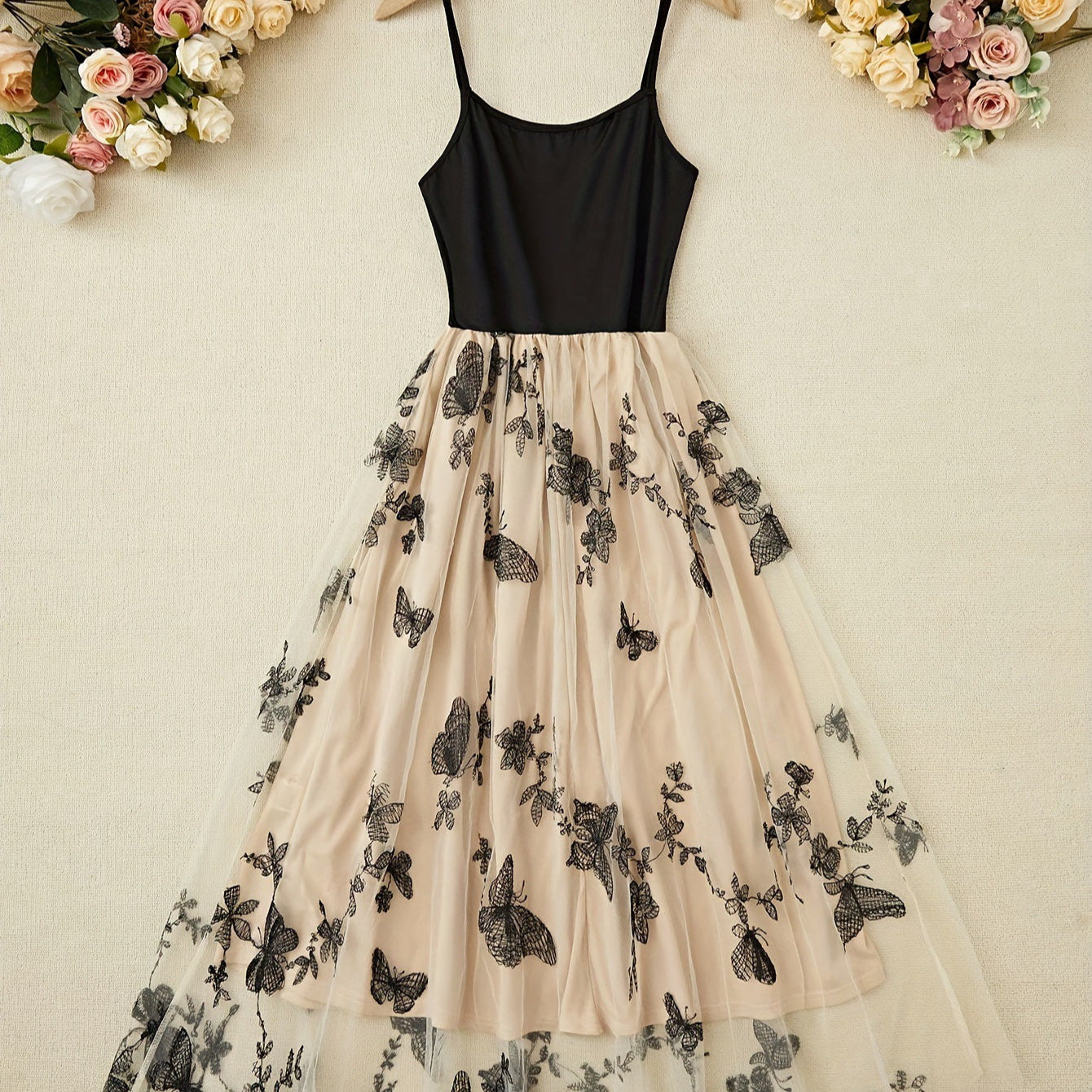 Black Rice Color-Block Butterfly-Print Slip Dress