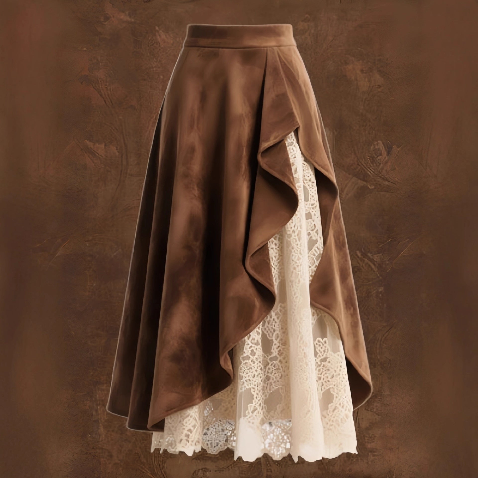Womens Retro Western-Style Suede And Lace Patchwork Skirt