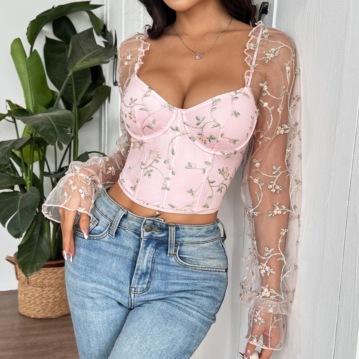 Women's Embroidered Patchwork Sheer Mesh Long-Sleeve Top