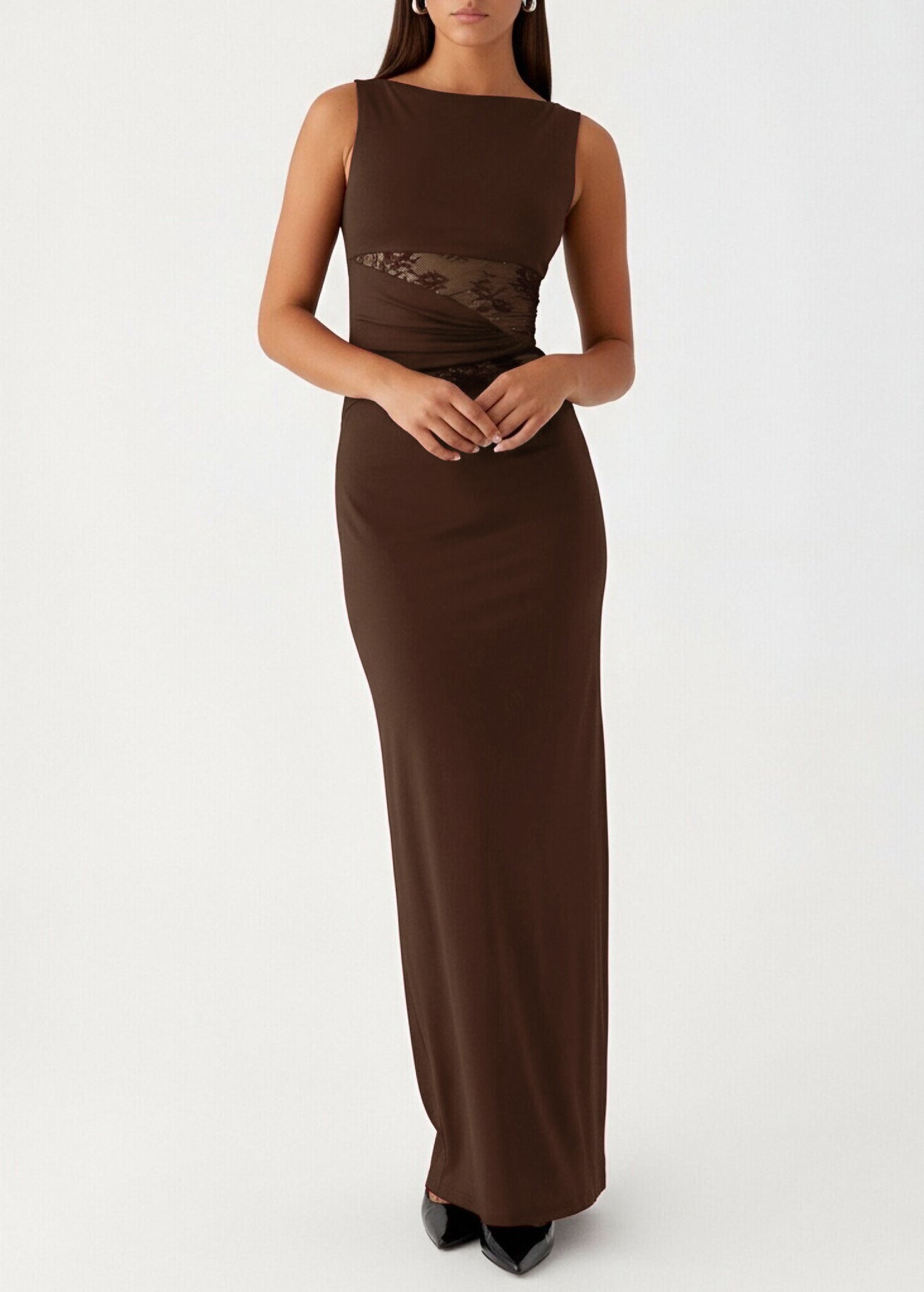 Womens Slim-Fit Lace-Patch Draping Dress