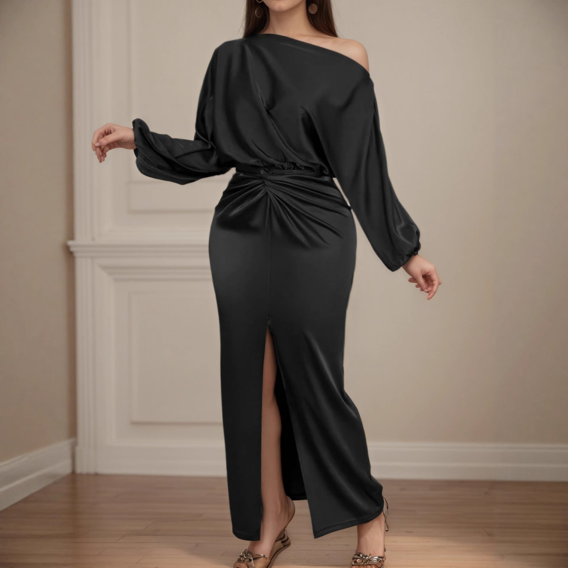 Womens Solid-Color Off-the-Shoulder Twist-Waist Long-Sleeve Dress