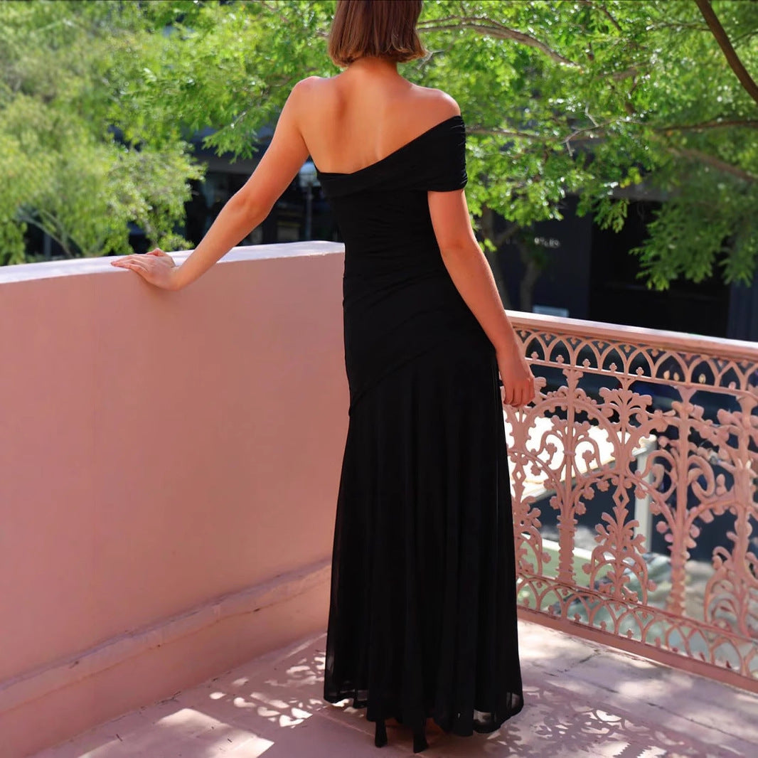 Womens Solid-Color Off-the-Shoulder Halter Backless Dress