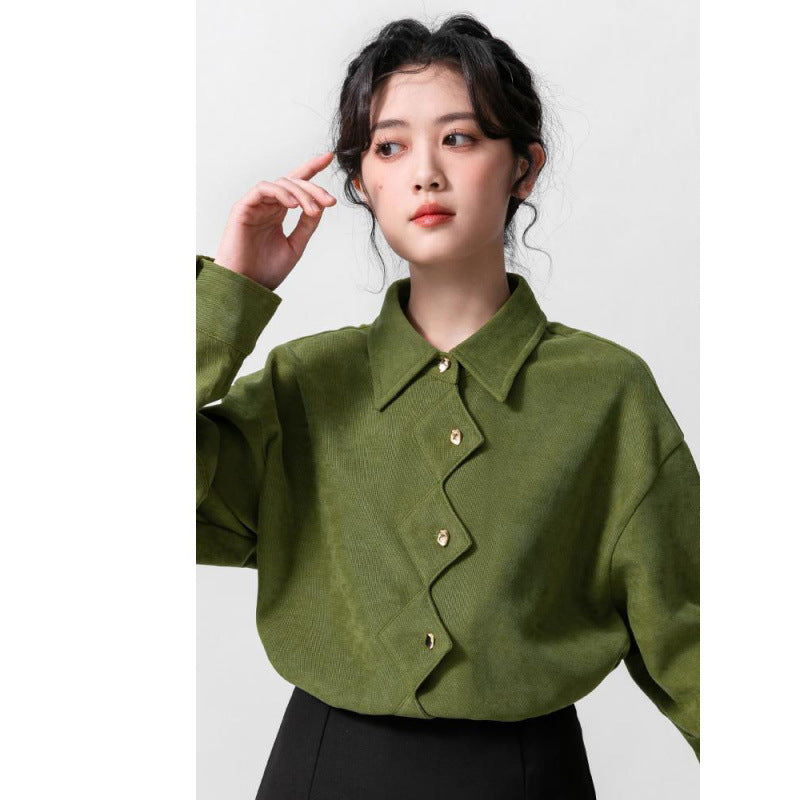 Womens Retro Polo-Neck Long-Sleeve Shirt