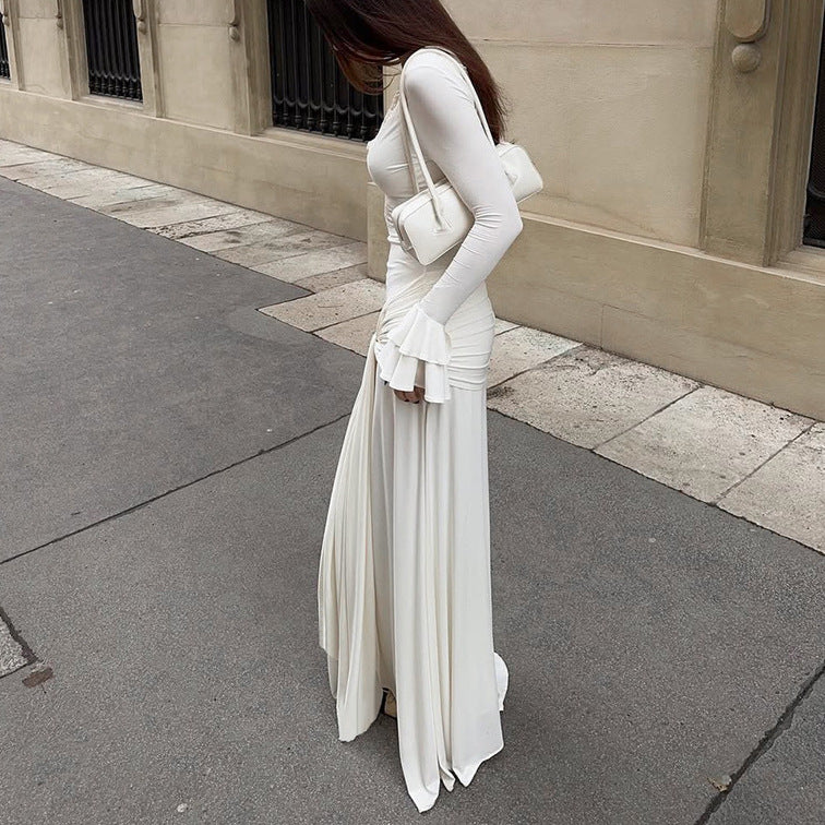 Womens Stylish V-neck Patchwork Hollow-out White Dress