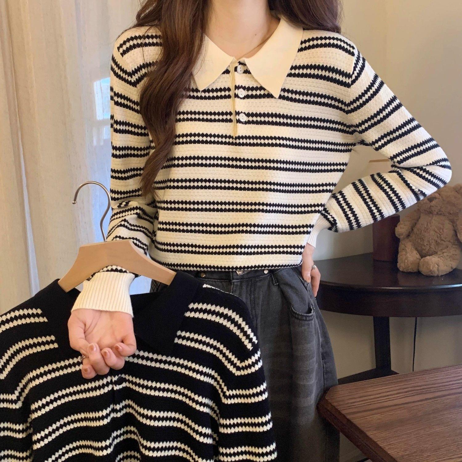Womens Black And White Striped Lapel Long-Sleeve Knit Sweater