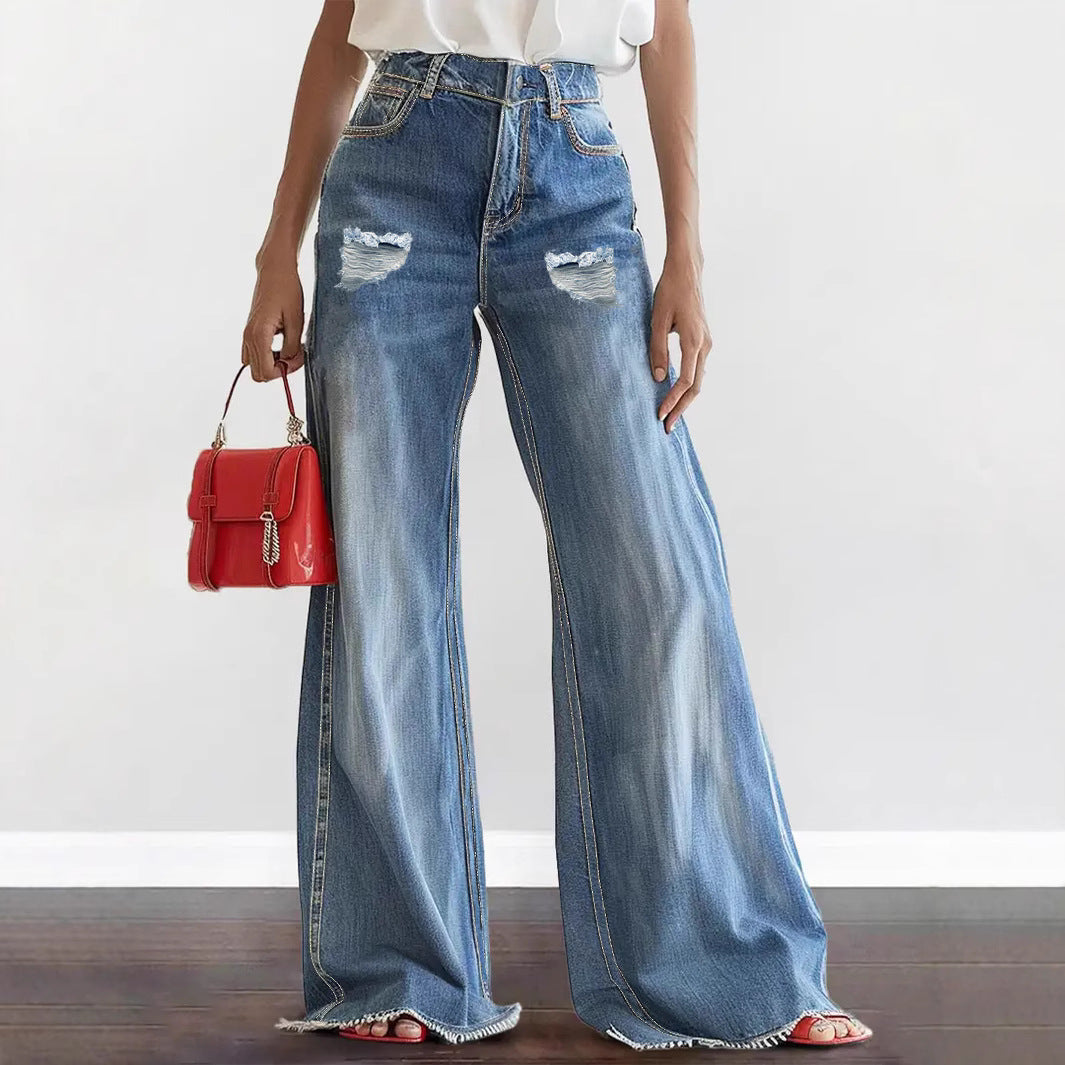 Raw Hem Ripped Loose Wide-leg Flared Jeans