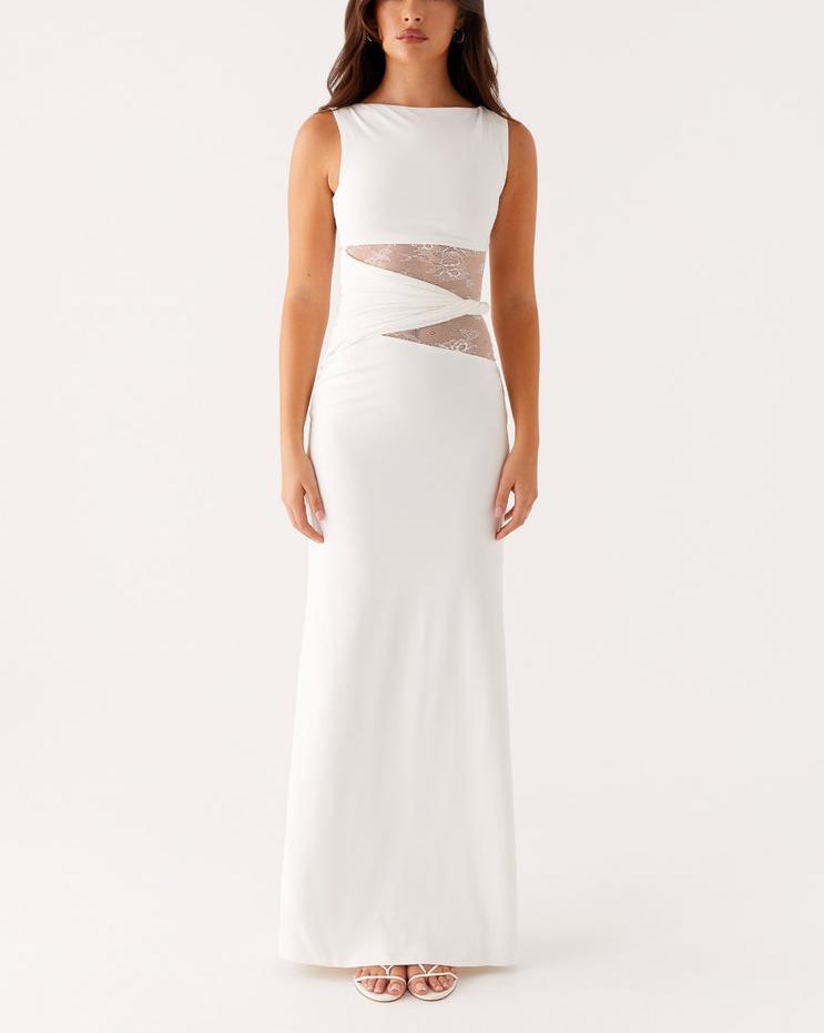 Womens Slim-Fit Lace-Patch Draping Dress